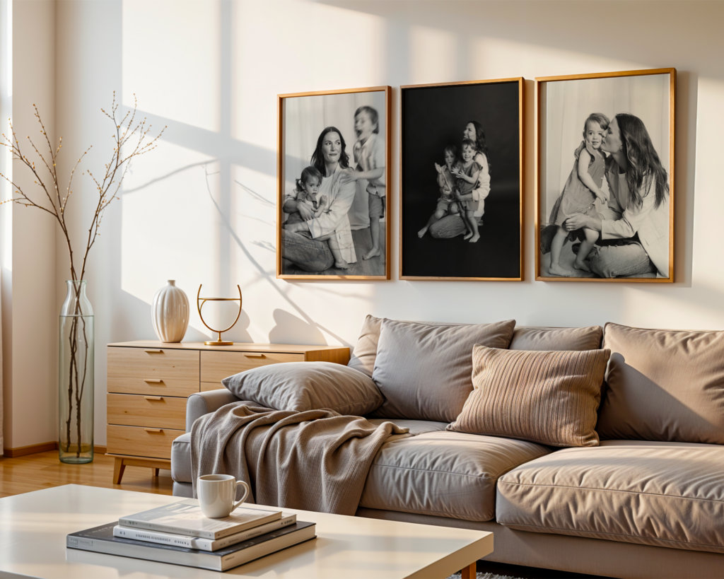 living room with three framed family portraits hanging above couch