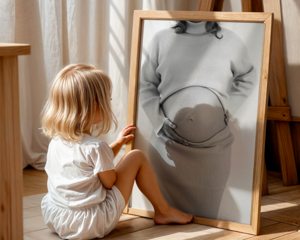 little girl looking at framed photograph of her mom pregnant with her