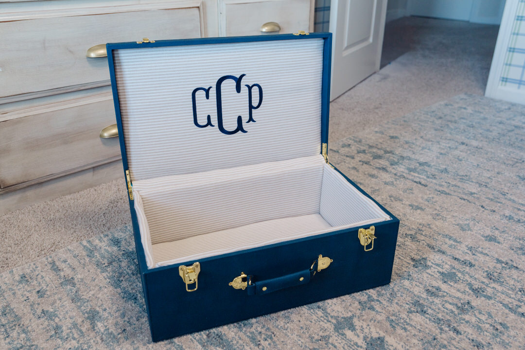 DIY keepsake heirloom trunk embroidered with childs initials