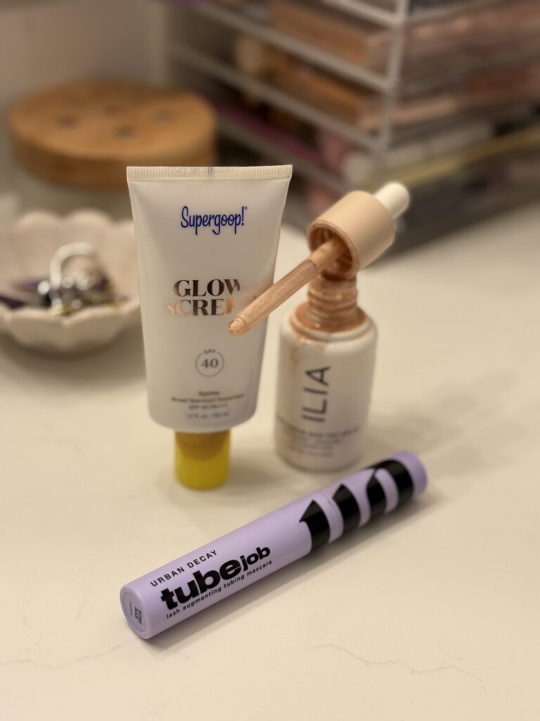 collections makeup products on bathroom counter